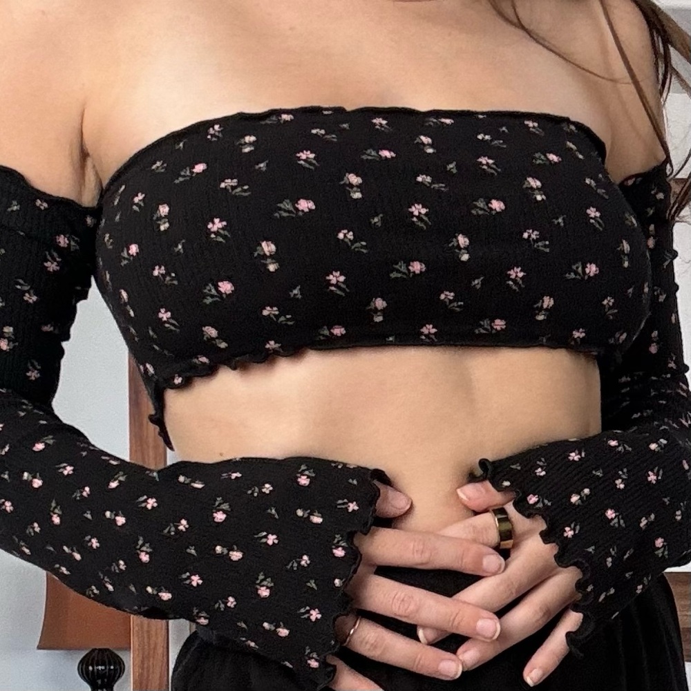 Out from Under Long Sleeve Crop Top Black w Dainty Flowers